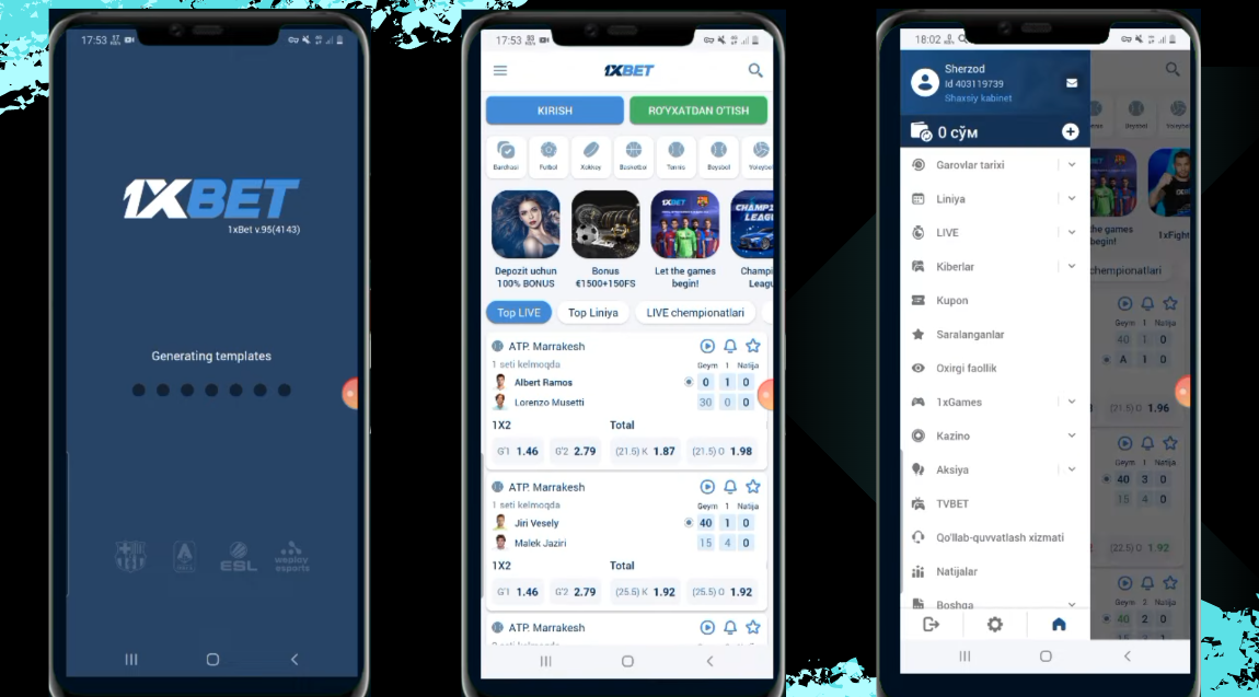 Interface Android de l’application 1xBet